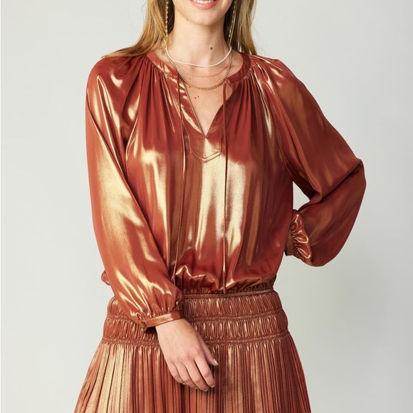 Current Air MINI DRESS metallic bronze pleated mini dress long sleeve small NWOT - Picture 2 of 11